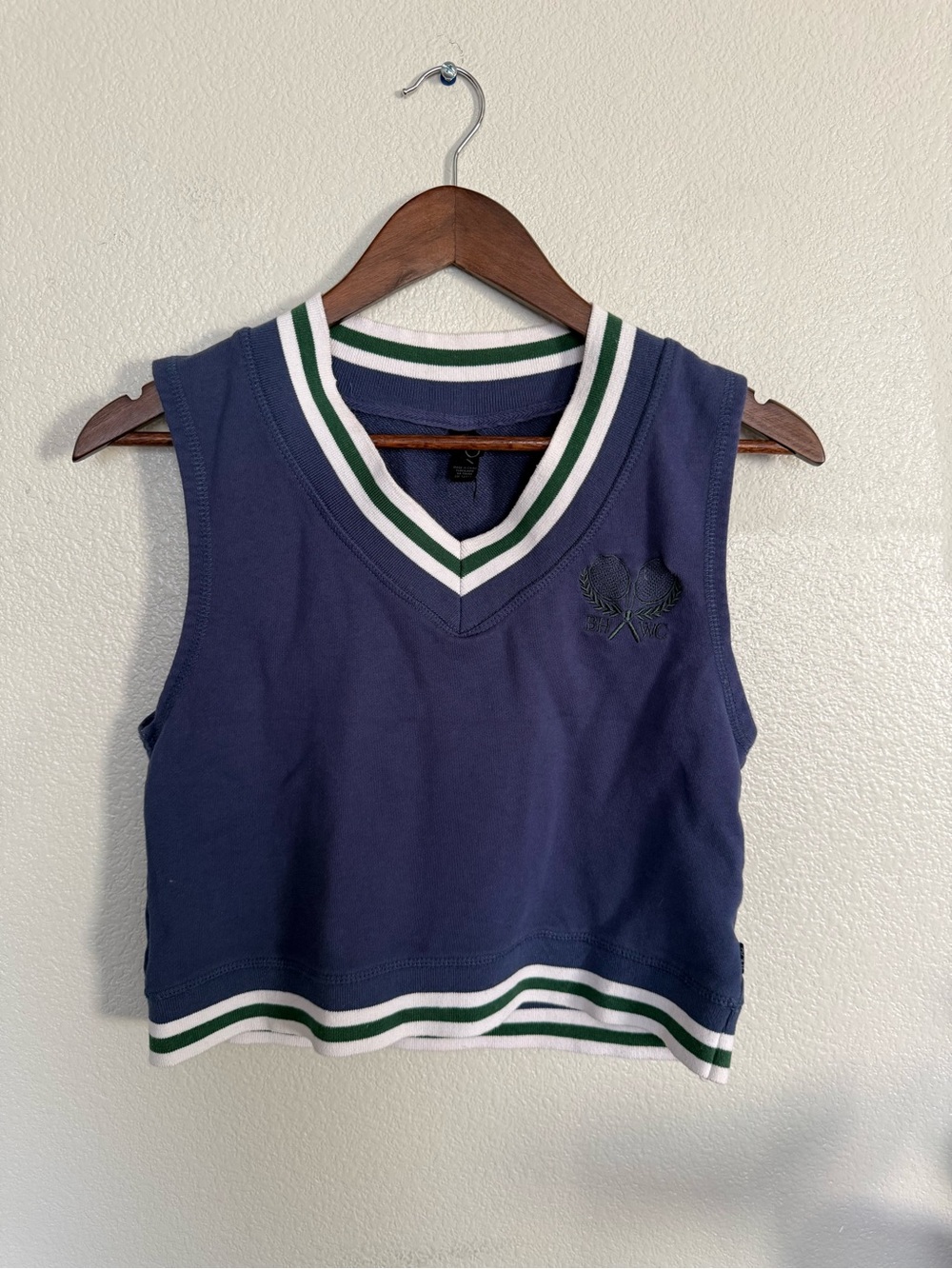 Cotton On Navy Blue Sleeveless V-Neck Cropped Sweatshirt with Green & White Trim